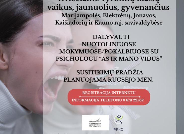 Kviečiame dalyvauti nemokamuose nuotoliniuose mokymuose/pokalbiuose su psichologu „AŠ IR MANO VIDUS”